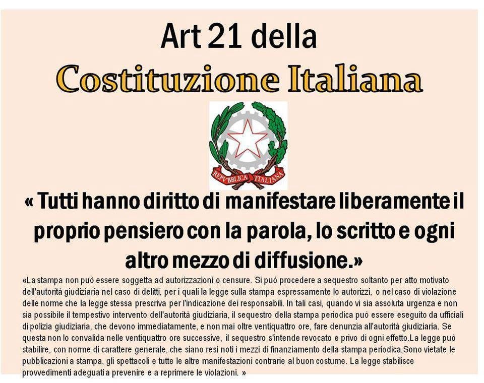 Art. 21 Cost. Italiana - Libertà di manifestazione del pensiero